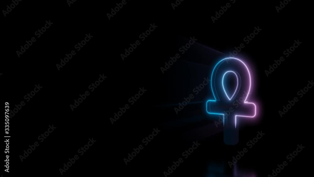 Poster abstract 3d rendering glowing blue purple neon symbol of ankh with glowing outlines with rays on bla
