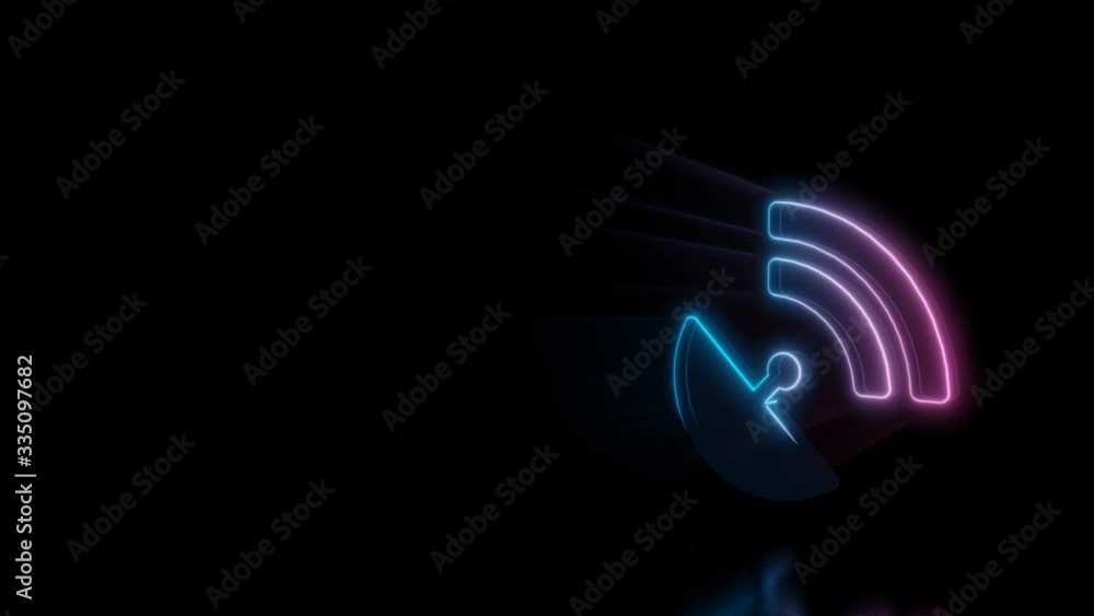 Poster abstract 3d rendering glowing blue purple neon symbol of satellite with signal wires with glowing ou