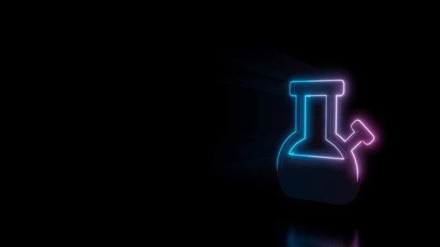 Abstract 3d rendering glowing blue purple neon symbol of bong with glowing outlines with rays on black background with reflection