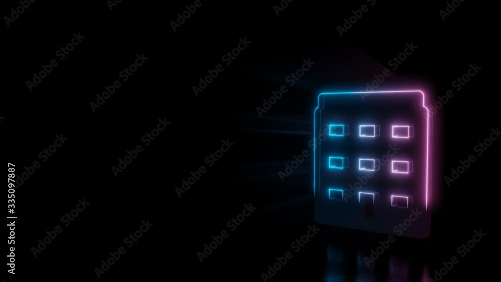 Poster abstract 3d rendering glowing blue purple neon symbol of highrise building with glowing outlines wit