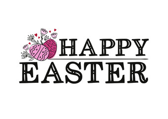 Obraz premium Lettering of the phrase Happy Easter. Black letters on a white background and hand-drawn painted Easter eggs. Vector lettering for the design of posters, cards and banners.