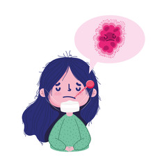 covid 19 coronavirus pandemic, sick girl with thermometer and mask