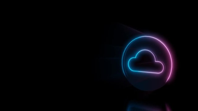 Abstract 3d rendering glowing blue purple neon symbol of circle with cloud with glowing outlines with rays on black background with reflection