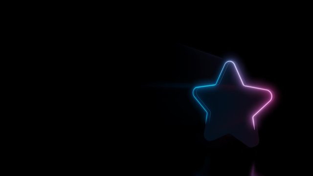 Abstract 3d rendering glowing blue purple neon symbol of star with rounded points with glowing outlines with rays on black background with reflection