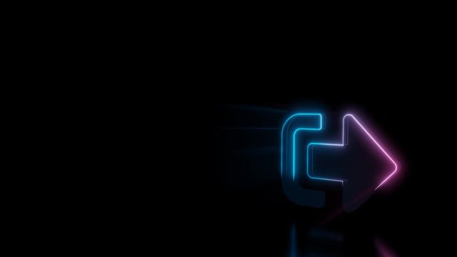 Abstract 3d rendering glowing blue purple neon symbol of left arrow with direction from profile with glowing outlines with rays on black background with reflection