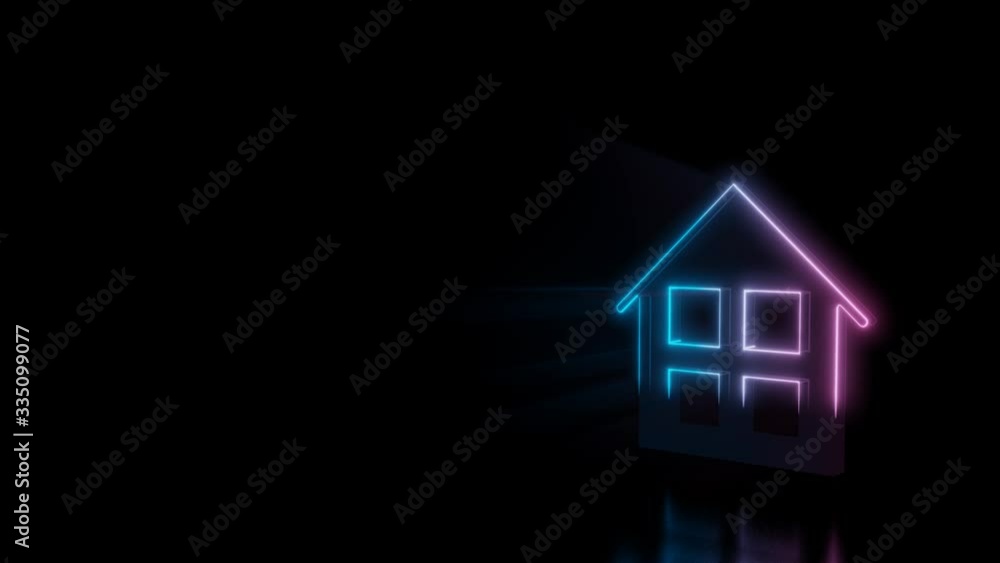 Poster abstract 3d rendering glowing blue purple neon symbol of home with four windows with glowing outline