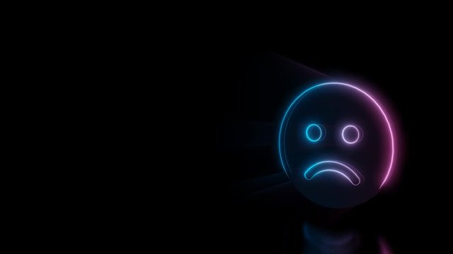Abstract 3d rendering glowing blue purple neon symbol of frown emoticon with glowing outlines with rays on black background with reflection