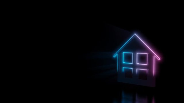 Abstract 3d rendering glowing blue purple neon symbol of home with four windows with glowing outlines with rays on black background with reflection