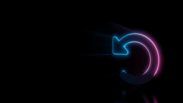 Abstract 3d rendering glowing blue purple neon symbol of undo arrow with glowing outlines with rays on black background with reflection