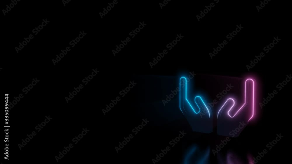 Poster abstract 3d rendering glowing blue purple neon symbol of open hands with glowing outlines with rays 