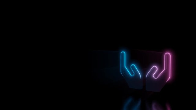 Abstract 3d rendering glowing blue purple neon symbol of open hands with glowing outlines with rays on black background with reflection