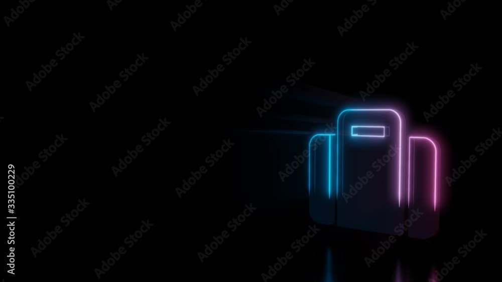 Poster abstract 3d rendering glowing blue purple neon symbol of suitcase with glowing outlines with rays on