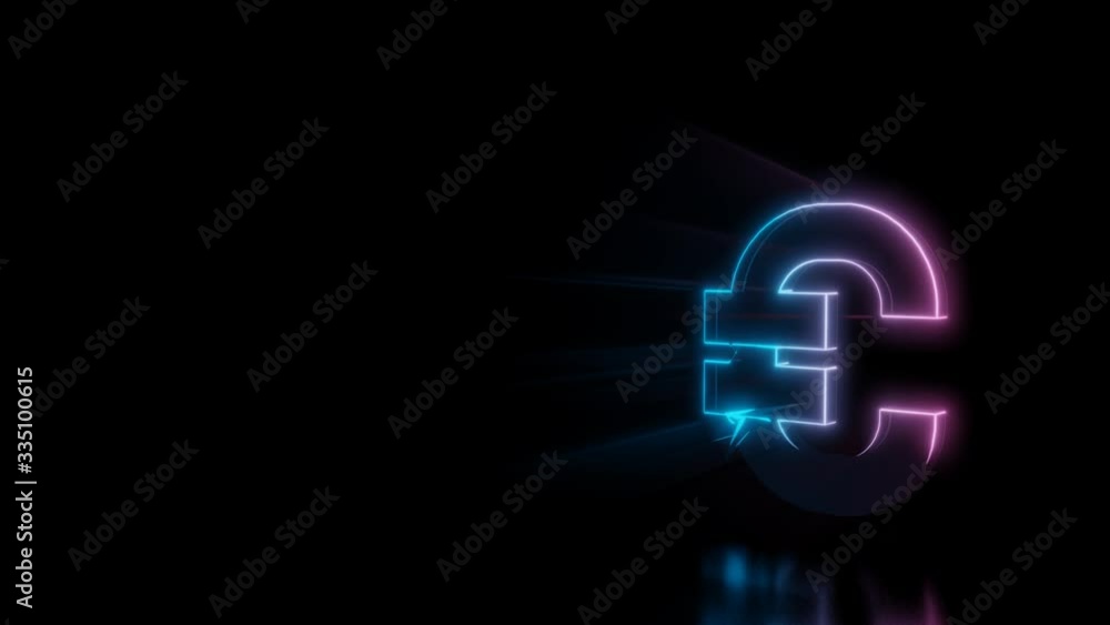 Poster abstract 3d rendering glowing blue purple neon symbol of euro symbol with glowing outlines with rays
