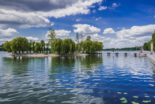 Park of Taras Shevchenko, view with Love Islet on a large artificial lake in Ternopil city, Ukraine