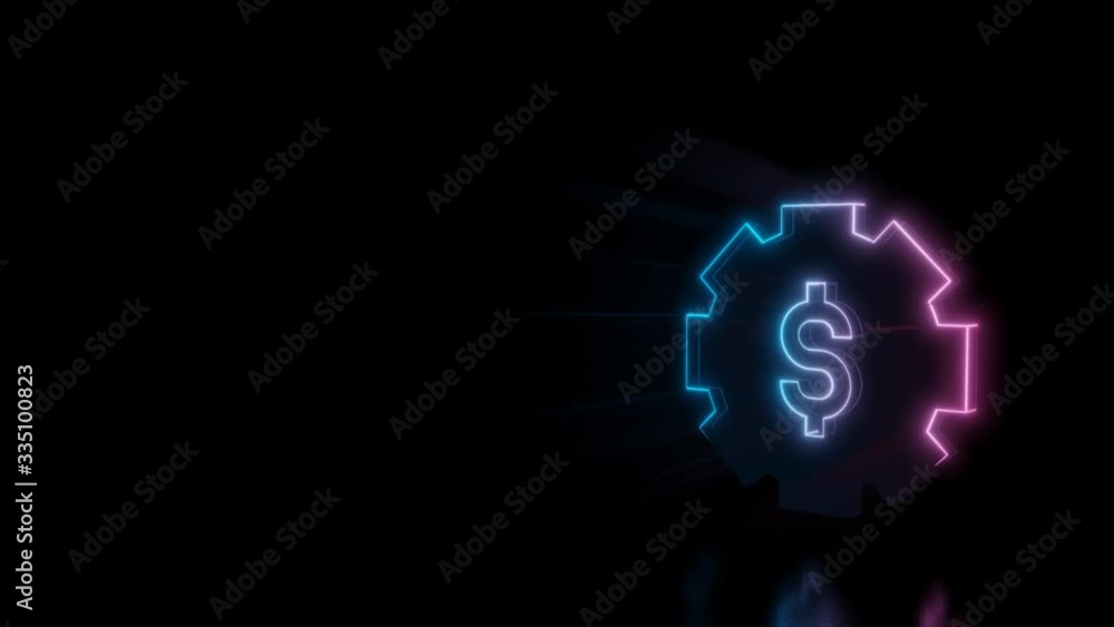 Poster abstract 3d rendering glowing blue purple neon symbol of gear with dollar symbol with glowing outlin