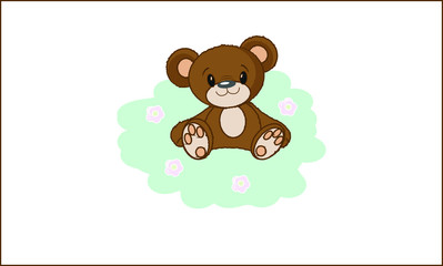 Vector illustration. A smiling teddy bear sits on a grass with flowers. Baby card.