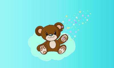 Vector illustration. A smiling teddy bear sits on a blue background. Baby card.
