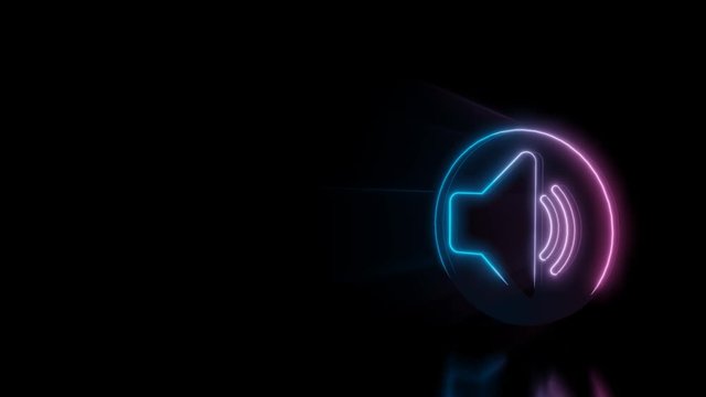 Abstract 3d rendering glowing blue purple neon symbol of speaker in circle middle with glowing outlines with rays on black background with reflection