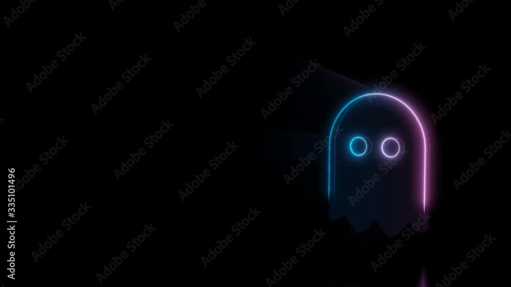Poster abstract 3d rendering glowing blue purple neon symbol of ghost with glowing outlines with rays on bl