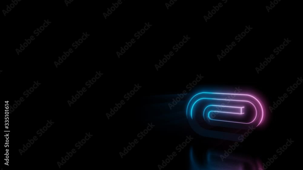 Poster abstract 3d rendering glowing blue purple neon symbol of paper clip with glowing outlines with rays 