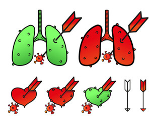 Heart and lungs with arrow. Vector flat cartoon icon