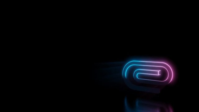 Abstract 3d rendering glowing blue purple neon symbol of paper clip   with glowing outlines with rays on black background with reflection