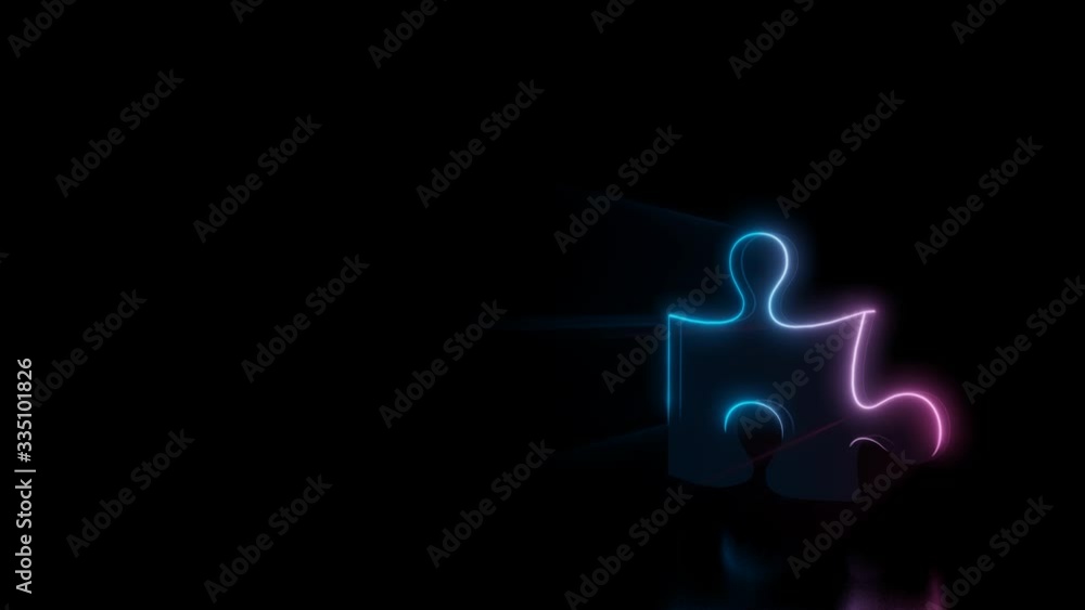 Poster abstract 3d rendering glowing blue purple neon symbol of puzzle piece with glowing outlines with ray