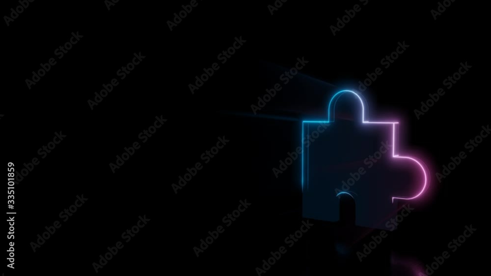 Poster abstract 3d rendering glowing blue purple neon symbol of puzzle piece with glowing outlines with ray