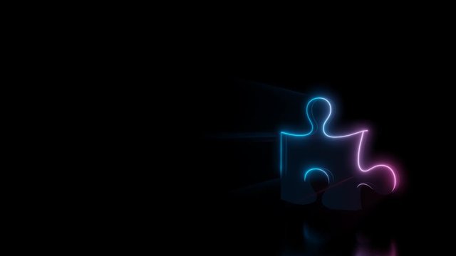 Abstract 3d rendering glowing blue purple neon symbol of puzzle piece with glowing outlines with rays on black background with reflection