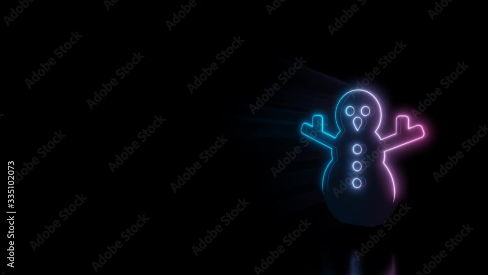 Poster abstract 3d rendering glowing blue purple neon symbol of snowman with glowing outlines with rays on 