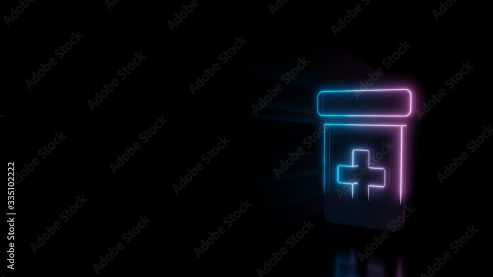Poster abstract 3d rendering glowing blue purple neon symbol of medicament bottle with cross with glowing o