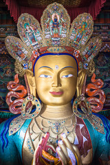 Maitreya Buddha statue at the Thiksey Gompa, Tibetan Buddhist Monastery in Leh, Ladakh, India.