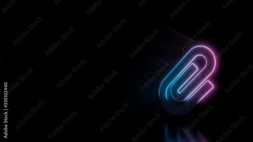Poster abstract 3d rendering glowing blue purple neon symbol of paper clip with glowing outlines with rays 