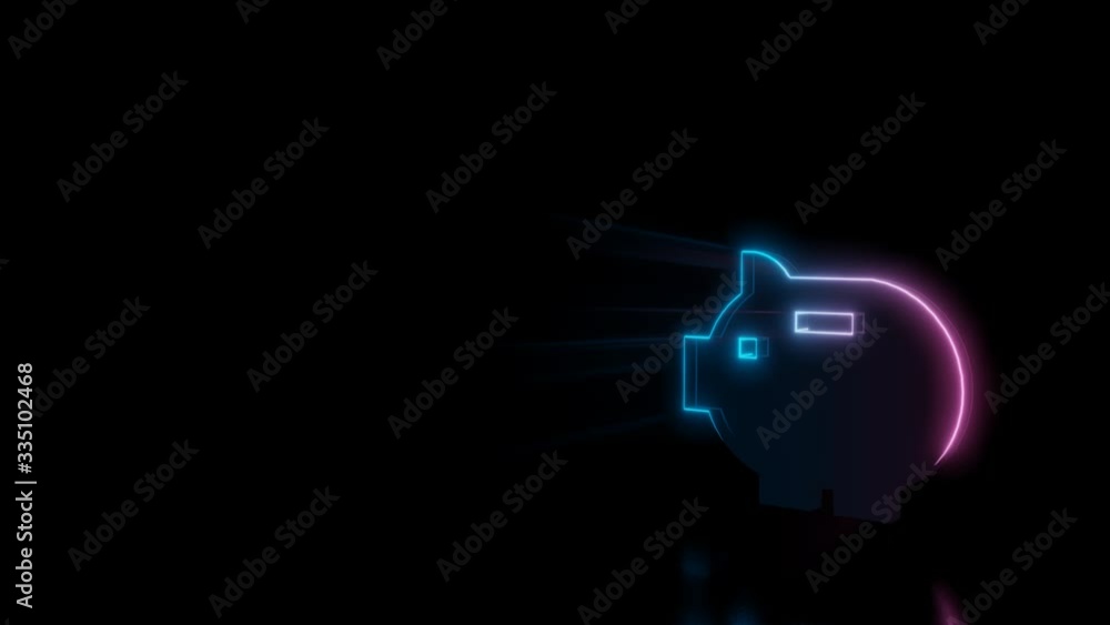 Poster abstract 3d rendering glowing blue purple neon symbol of piggy bank with glowing outlines with rays 