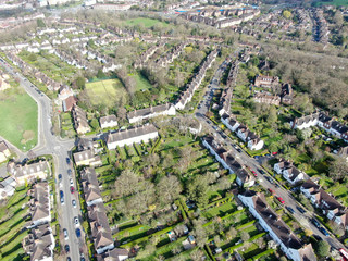 Aerial view of Hampstead Garden Suburb and typical house cottage, an elevated suburb of London.