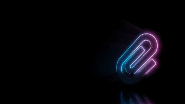 Abstract 3d rendering glowing blue purple neon symbol of paper clip with glowing outlines with rays on black background with reflection