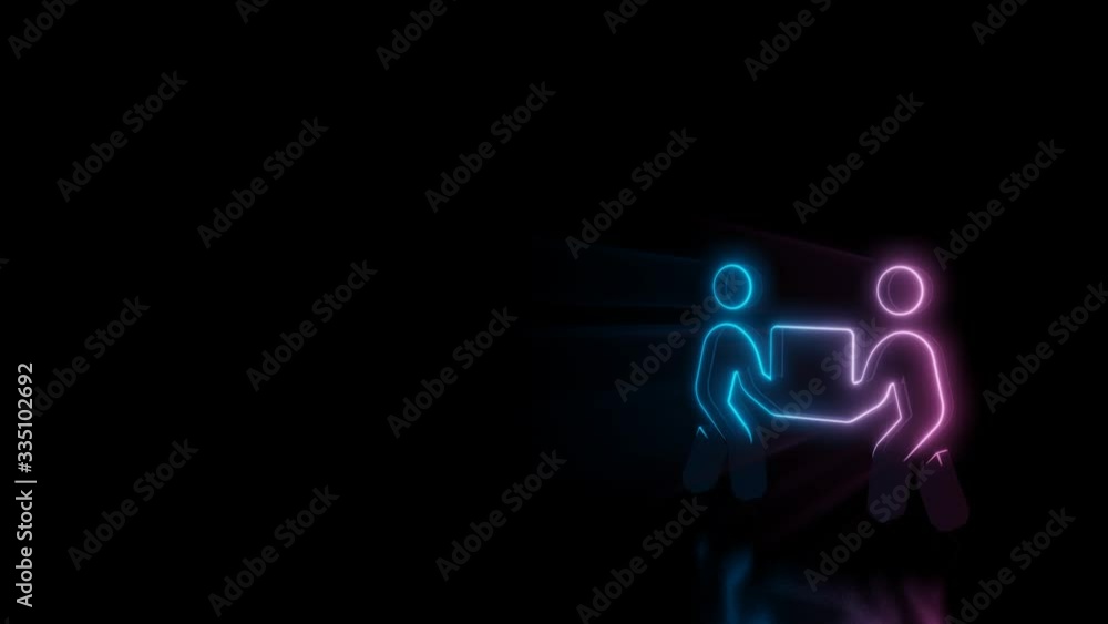 Poster abstract 3d rendering glowing blue purple neon symbol of two people carry box with glowing outlines 
