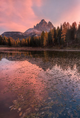 Lago Antorno, Scenic landscape, Lake and Dolomites mountains during sunset, Italy.