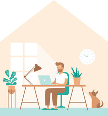 Man work in comfortable conditions Freelancer character working from home remotely