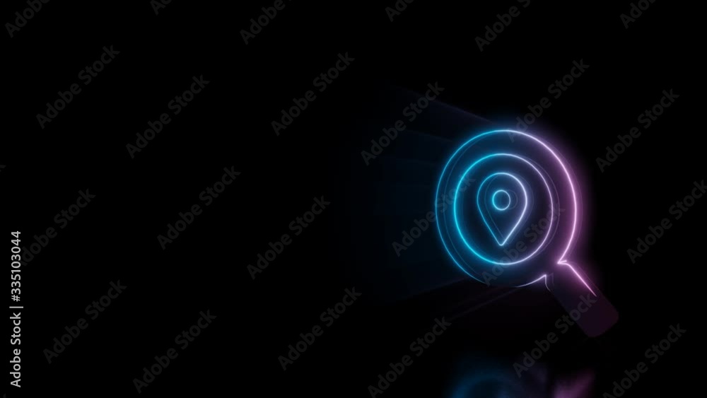 Poster abstract 3d rendering glowing blue purple neon symbol of magnifying glass with placeholder with glow