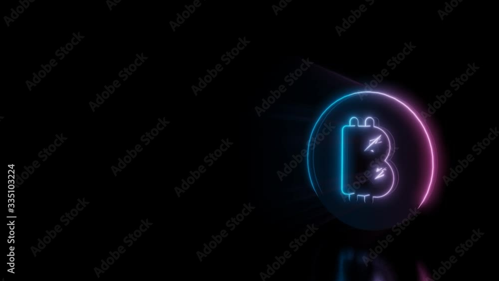 Poster abstract 3d rendering glowing blue purple neon symbol of bitcoin as coin with glowing outlines with 