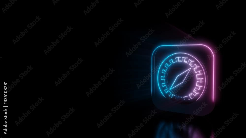 Poster abstract 3d rendering glowing blue purple neon symbol of compass in rounded square with glowing outl