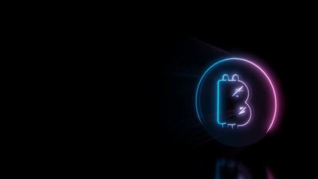 Abstract 3d rendering glowing blue purple neon symbol of bitcoin as coin with glowing outlines with rays on black background with reflection