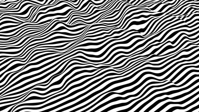 Black and white stripes waving surface. Modern minimalistic isometric background loop animation. 3D rendering.