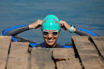 one caucasian woman practicing triathlon swimming