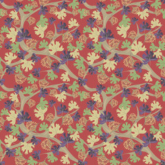 Vector seamless pattern with fantasy plants, purple and green leaves, branches, flowers on red background. Vintage floral texture. Abstract botanical ornament, natural wallpapers. Repeated design