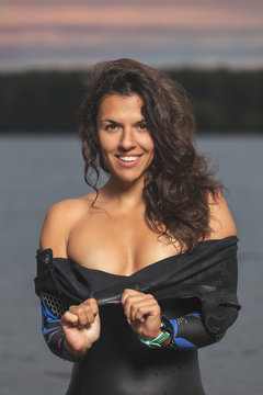 One Caucasian Woman Practicing Triathlon Swimming