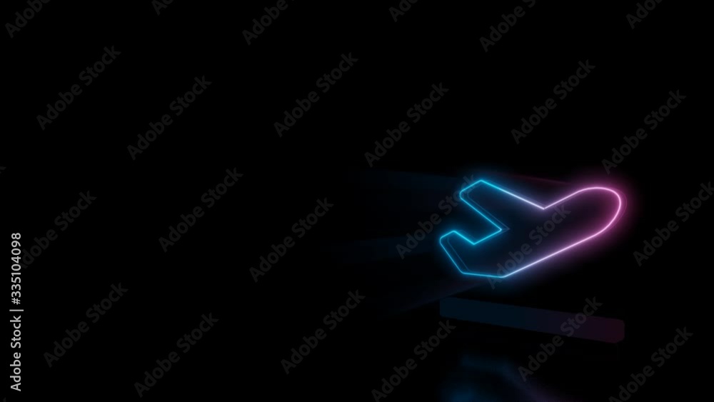 Poster abstract 3d rendering glowing blue purple neon symbol of plane departure on runway surface with glow