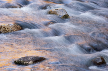 Landscape of the Little River captured with motion blur and aglow with reflected color from sunlit autumn foliage, Great Smoky Mountains National Park, Tennessee, USA