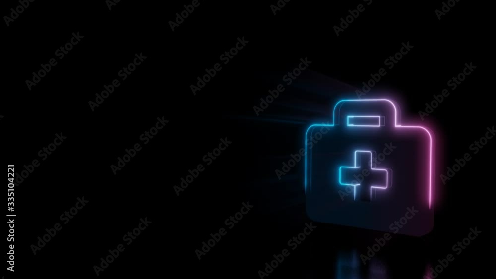 Poster abstract 3d rendering glowing blue purple neon symbol of medical briefcase with cross with glowing o